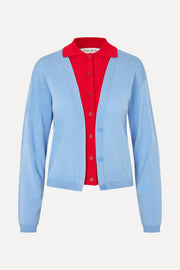 Stine Goya Layered Long Sleeve Cardigan Knit Sky Blue / Fiery Red