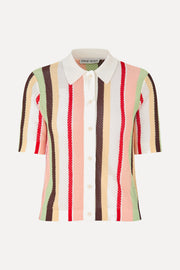 Stine Goya Short Sleeve Crochet Polo Knit Baseball Pinstripes