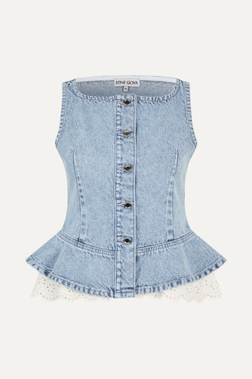 Stine Goya Boatneck Frill Buttoned Top Top Denim Blue