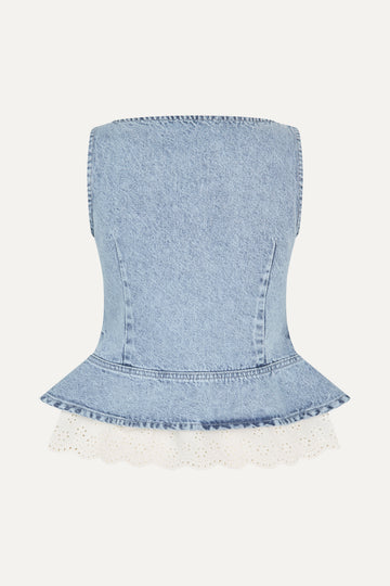 Stine Goya Boatneck Frill Buttoned Top Top Denim Blue