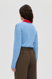 Stine Goya Layered Long Sleeve Cardigan Knit Sky Blue / Fiery Red