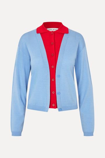 Stine Goya Layered Long Sleeve Cardigan Knit Sky Blue / Fiery Red
