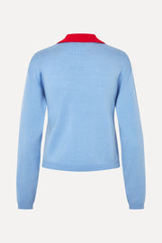 Stine Goya Layered Long Sleeve Cardigan Knit Sky Blue / Fiery Red