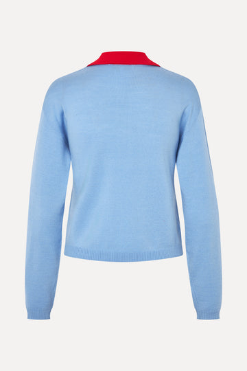 Stine Goya Layered Long Sleeve Cardigan Knit Sky Blue / Fiery Red