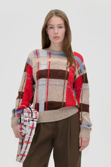 Stine Goya Long Sleeve Crewneck Knit Knit Scarlet Grid