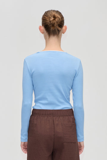 Stine Goya Long Sleeve Rib Top Top Bel Air Blue