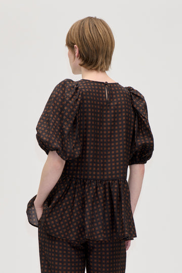 Stine Goya Puff Sleeve Peplum Top Top Morgensol Checks