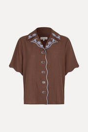 Stine Goya Scalloped Short Sleeve Shirt Top Roses Embroidery