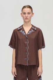 Stine Goya Scalloped Short Sleeve Shirt Top Roses Embroidery