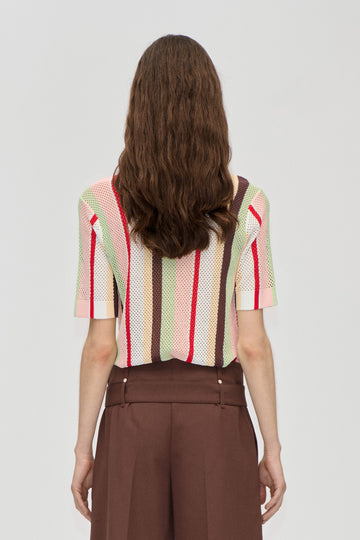 Stine Goya Short Sleeve Crochet Polo Knit Baseball Pinstripes