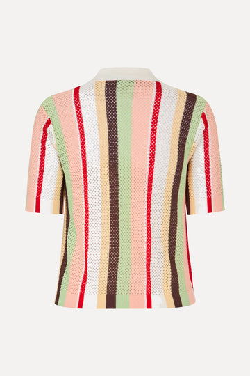 Stine Goya Short Sleeve Crochet Polo Knit Baseball Pinstripes