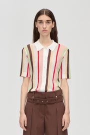 Stine Goya Short Sleeve Crochet Polo Knit Baseball Pinstripes